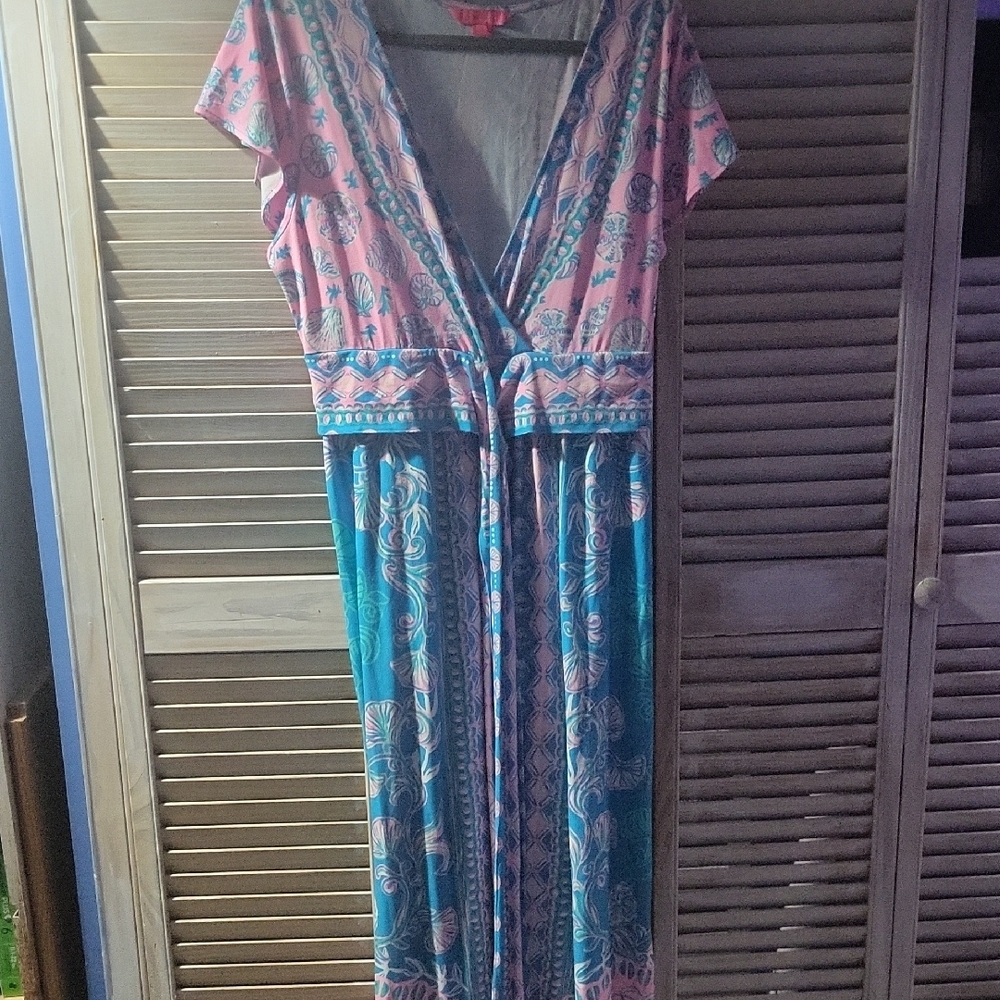 Lilly Pulitzer Blue and Pink Plunge Neck Maxi Dress.